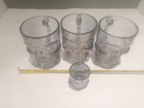 None and/or Unknown Accessories - Skull Beer Mug Set 3 + Skull Shot Glass Gothic Barware Halloween Decor